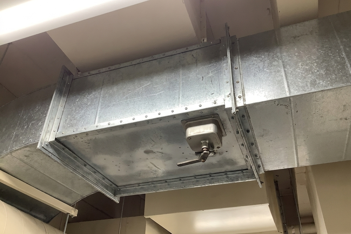 ダクトに設置された防火ダンパー。建築基準法12条の防火設備定期検査で確認する機器のひとつ