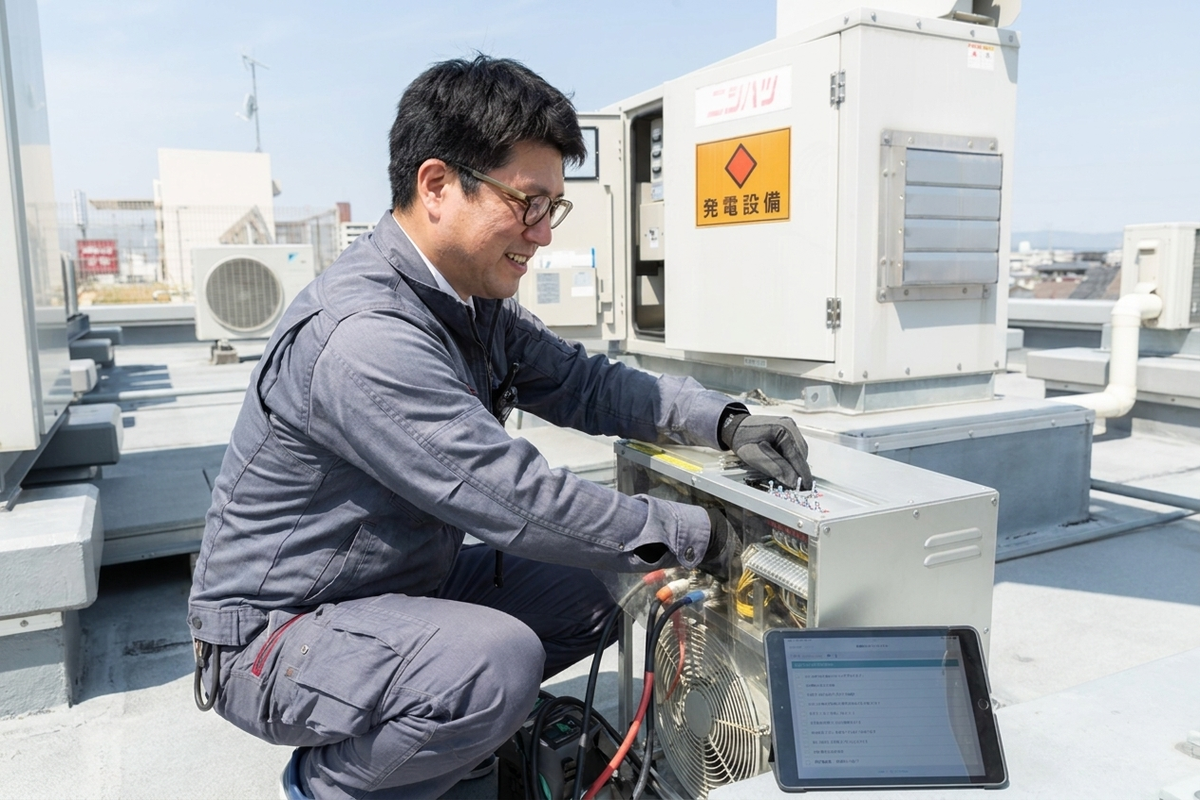 疑似負荷試験機を操作し非常用発電機の負荷試験を行う技術者