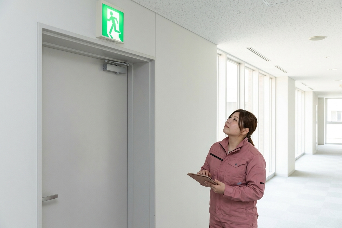 誘導灯の点灯状態を確認するテックビルケアの点検スタッフ、点検範囲に含まれる設備の一例