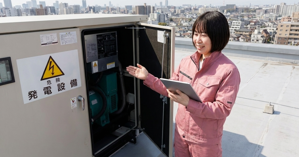屋上の非常用自家発電設備を点検するテックビルケアの女性スタッフ