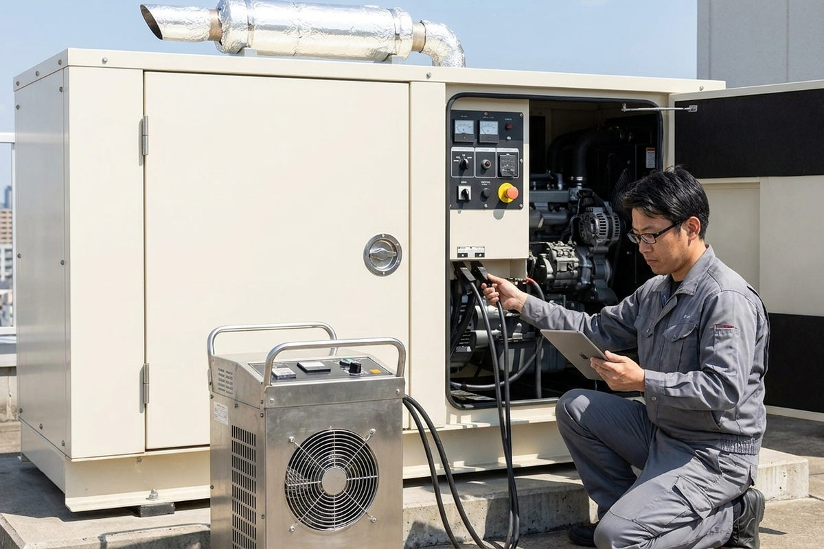 非常用発電機の負荷試験を実施するテックビルケアの技術者