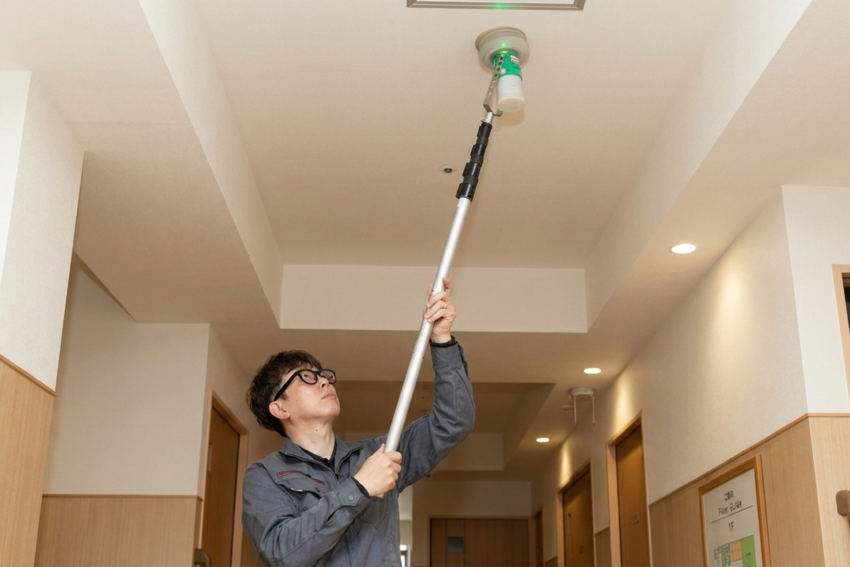 感知器のあぶり試験（総合点検）をおこなう点検スタッフ