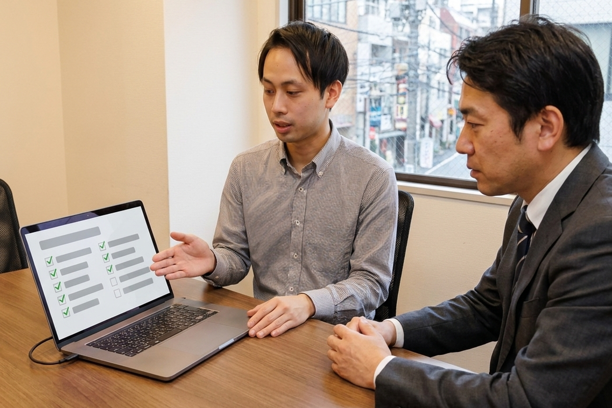 点検結果をタブレットで建物管理者に説明するテックビルケアの担当者