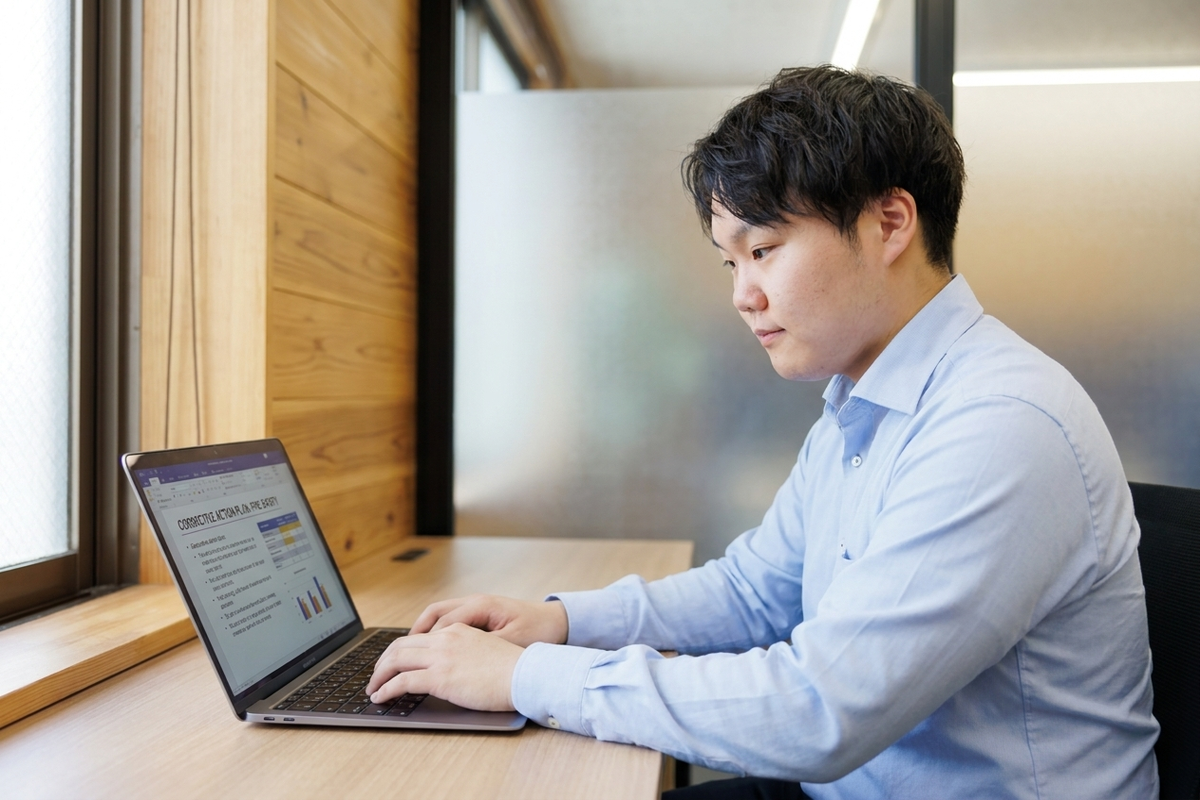 消防設備の是正対応計画をノートパソコンで確認する建物管理担当者
