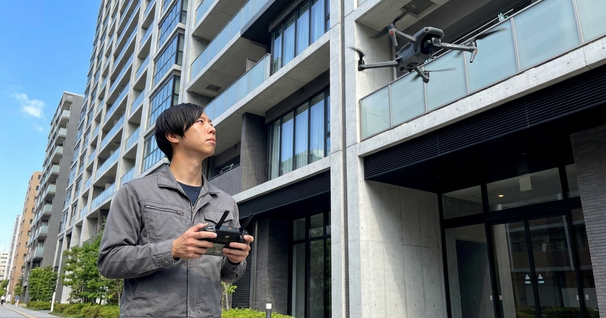 ドローンを操縦し建物外壁の赤外線診断を行うテックビルケアのスタッフ