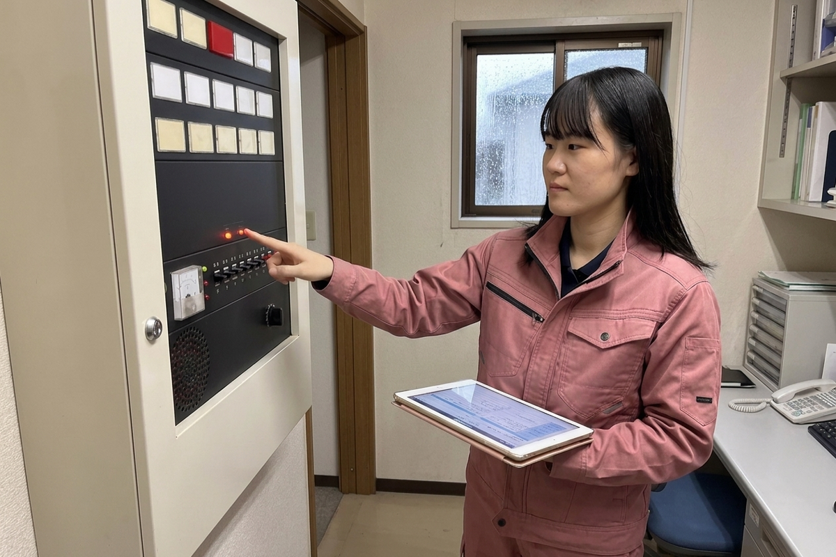 火災受信機の地区表示灯で誤作動した区域を確認するテックビルケアの点検スタッフ